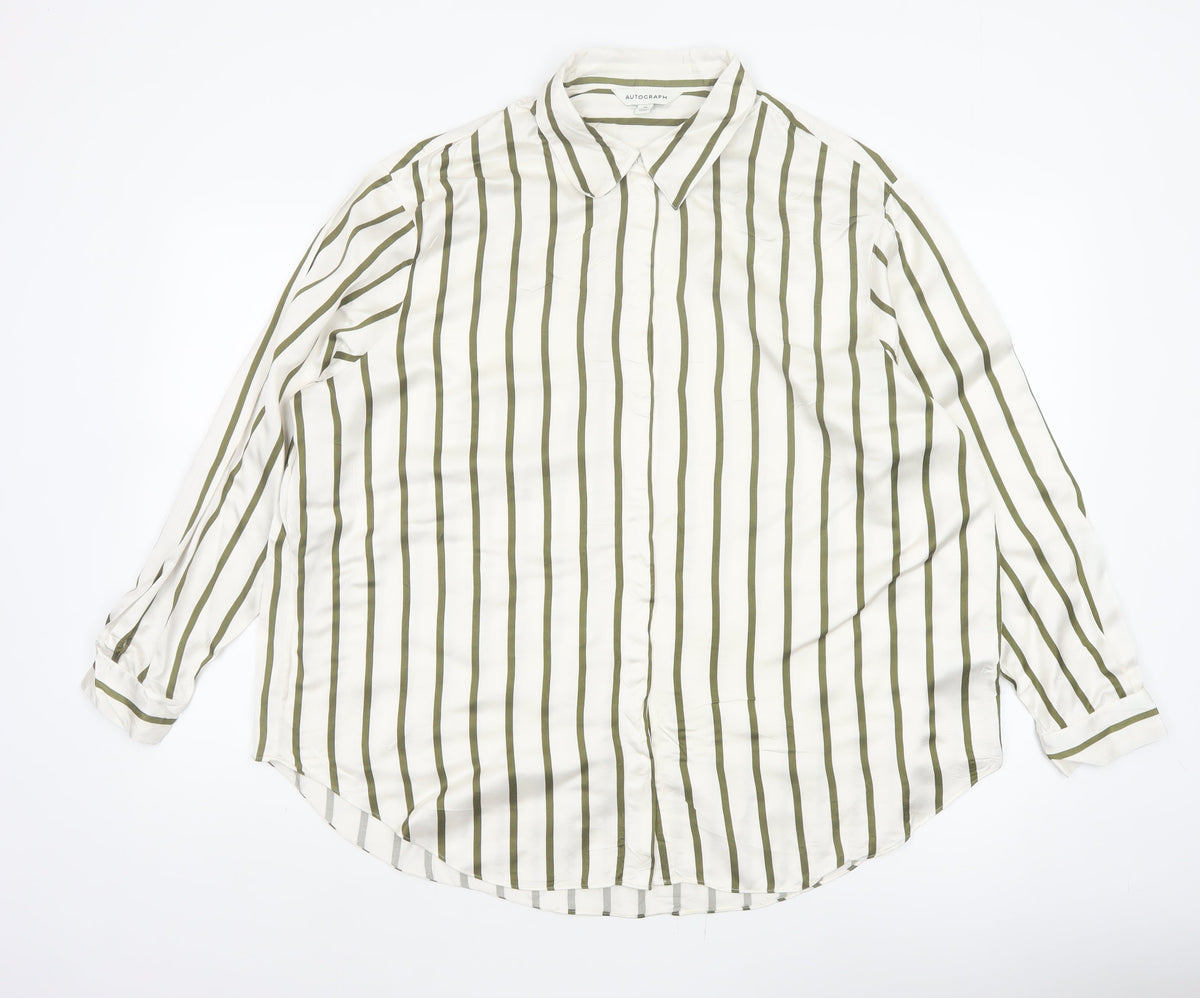 Autograph Women White Green Stripe Basic Button-Up Shirt UK 16