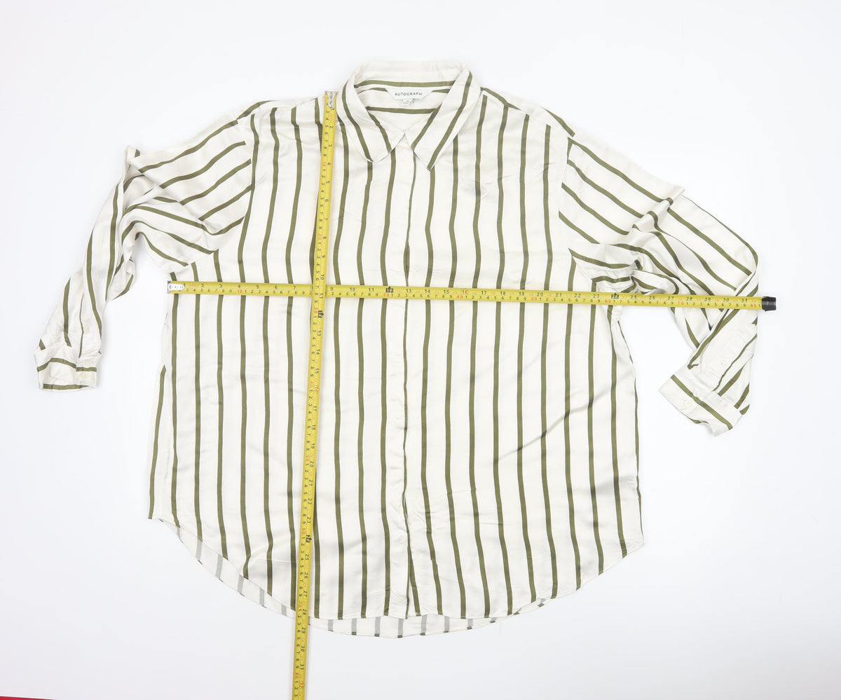 Autograph Women White Green Stripe Basic Button-Up Shirt UK 16