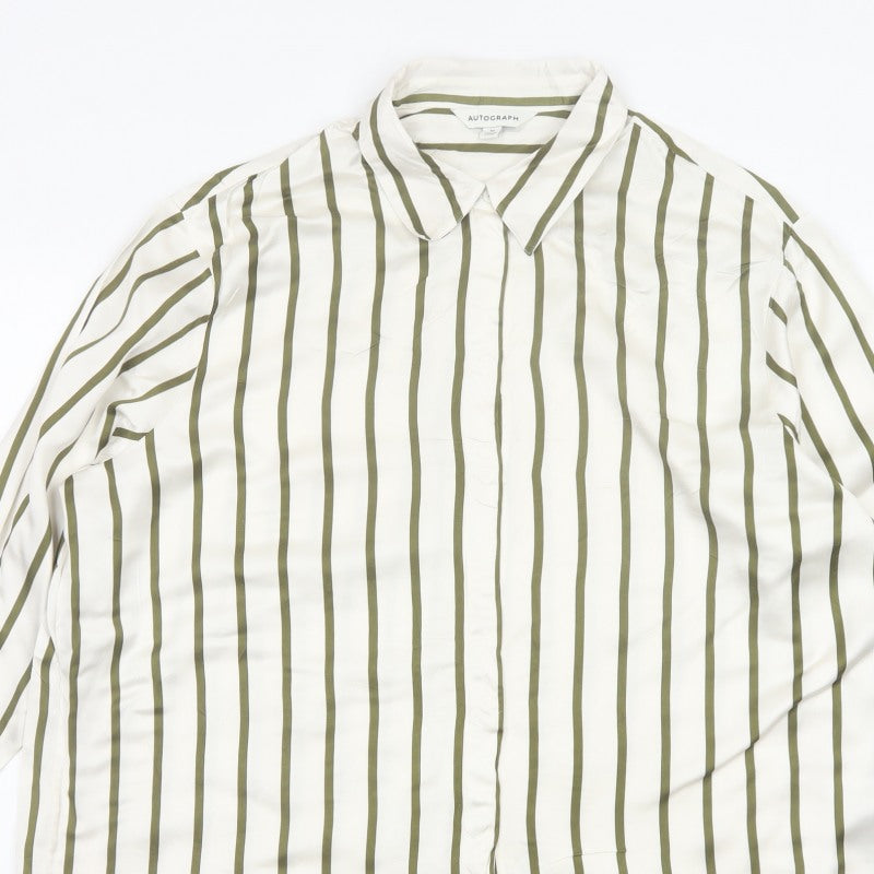 Autograph Women White Green Stripe Basic Button-Up Shirt UK 16