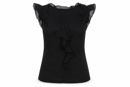 Warehouse Women Black UK 10 Ruffle Sheer Silk Trim Stretch Blouse