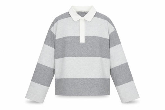 Marks and Spencer Women's Grey UK 8 Striped Jersey Long Sleeve Polo Top