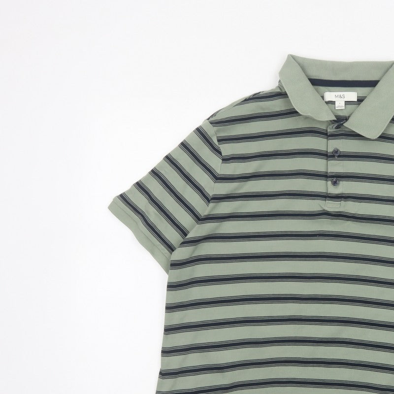 Marks and Spencer Men’s Green Striped Cotton Polo Shirt L Short Sleeve