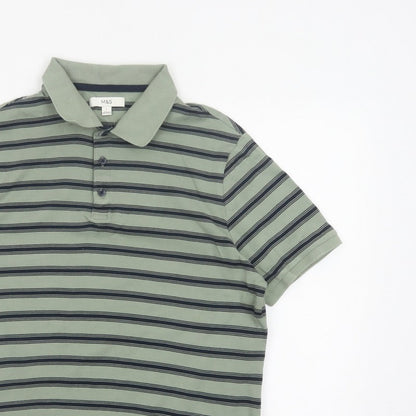 Marks and Spencer Men’s Green Striped Cotton Polo Shirt L Short Sleeve