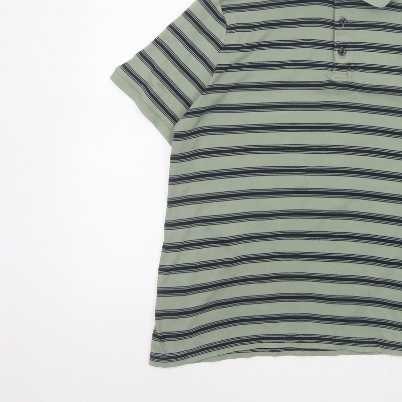 Marks and Spencer Men’s Green Striped Cotton Polo Shirt L Short Sleeve