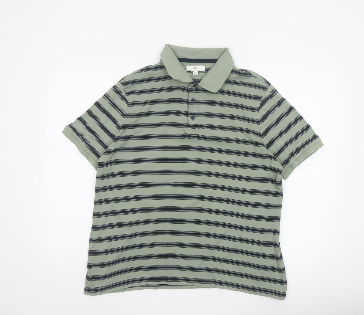 Marks and Spencer Men’s Green Striped Cotton Polo Shirt L Short Sleeve