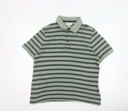 Marks and Spencer Men’s Green Striped Cotton Polo Shirt L Short Sleeve