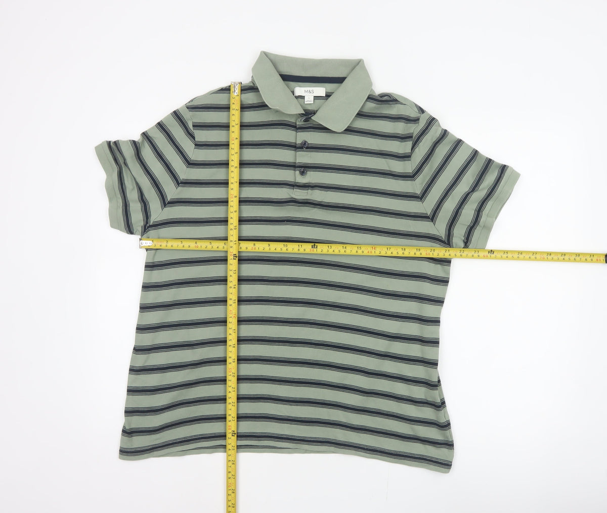 Marks and Spencer Men’s Green Striped Cotton Polo Shirt L Short Sleeve