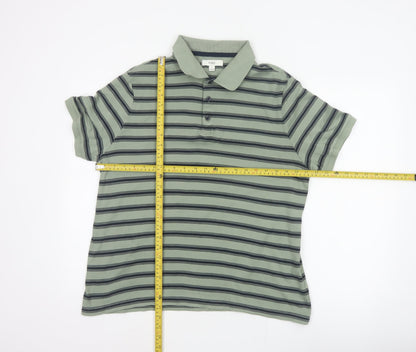 Marks and Spencer Men’s Green Striped Cotton Polo Shirt L Short Sleeve