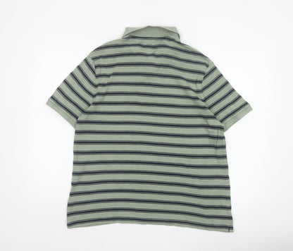 Marks and Spencer Men’s Green Striped Cotton Polo Shirt L Short Sleeve