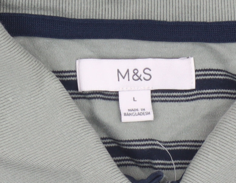 Marks and Spencer Men’s Green Striped Cotton Polo Shirt L Short Sleeve