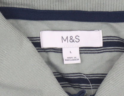 Marks and Spencer Men’s Green Striped Cotton Polo Shirt L Short Sleeve