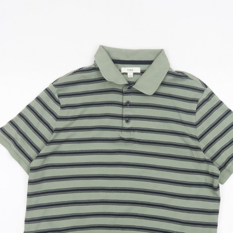 Marks and Spencer Men’s Green Striped Cotton Polo Shirt L Short Sleeve