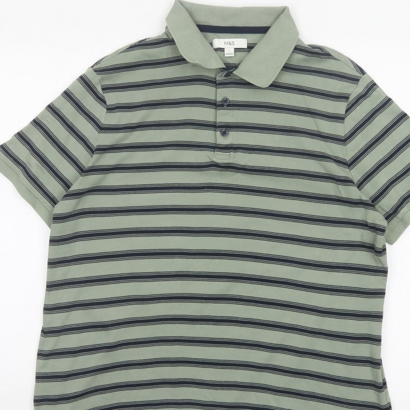 Marks and Spencer Men’s Green Striped Cotton Polo Shirt L Short Sleeve