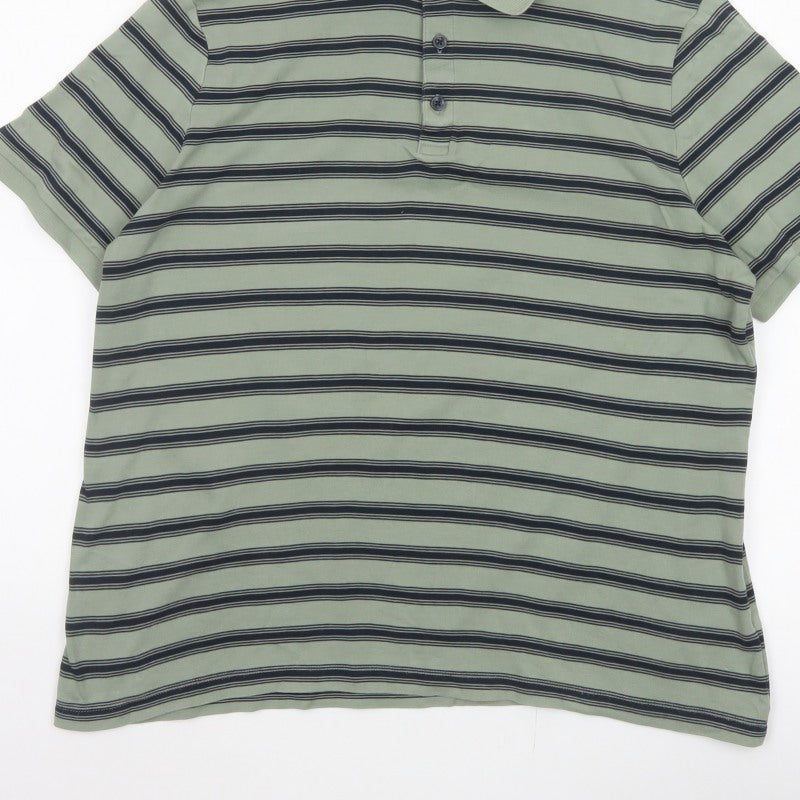 Marks and Spencer Men’s Green Striped Cotton Polo Shirt L Short Sleeve