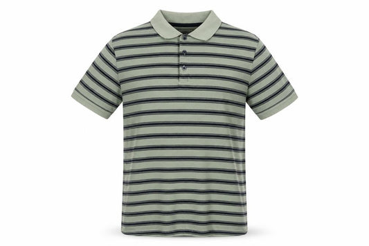 Front view of Marks and Spencer Men’s Green Striped Cotton Polo Shirt L Short Sleeve
