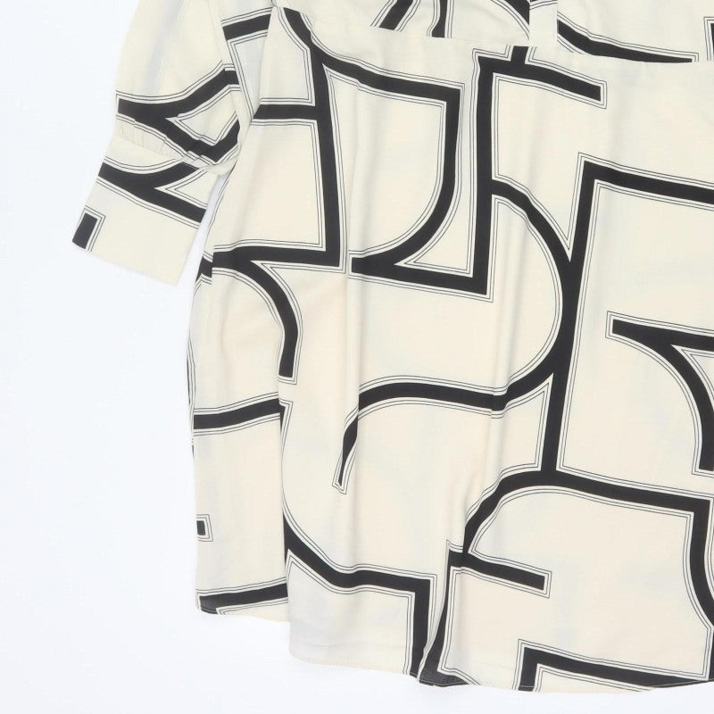 H&M Women Ivory Black Geometric Shirt Dress XL Long Sleeve