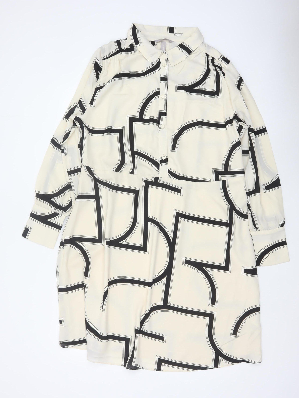 H&M Women Ivory Black Geometric Shirt Dress XL Long Sleeve