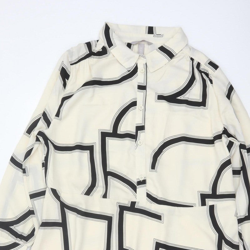 H&M Women Ivory Black Geometric Shirt Dress XL Long Sleeve