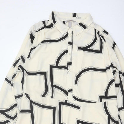 H&M Women Ivory Black Geometric Shirt Dress XL Long Sleeve