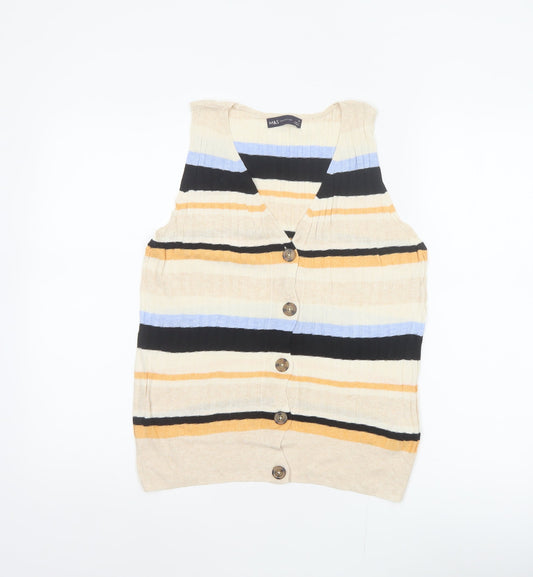 M&S Women Multicoloured UK 12 Striped V-Neck Linen Blend Tank Top