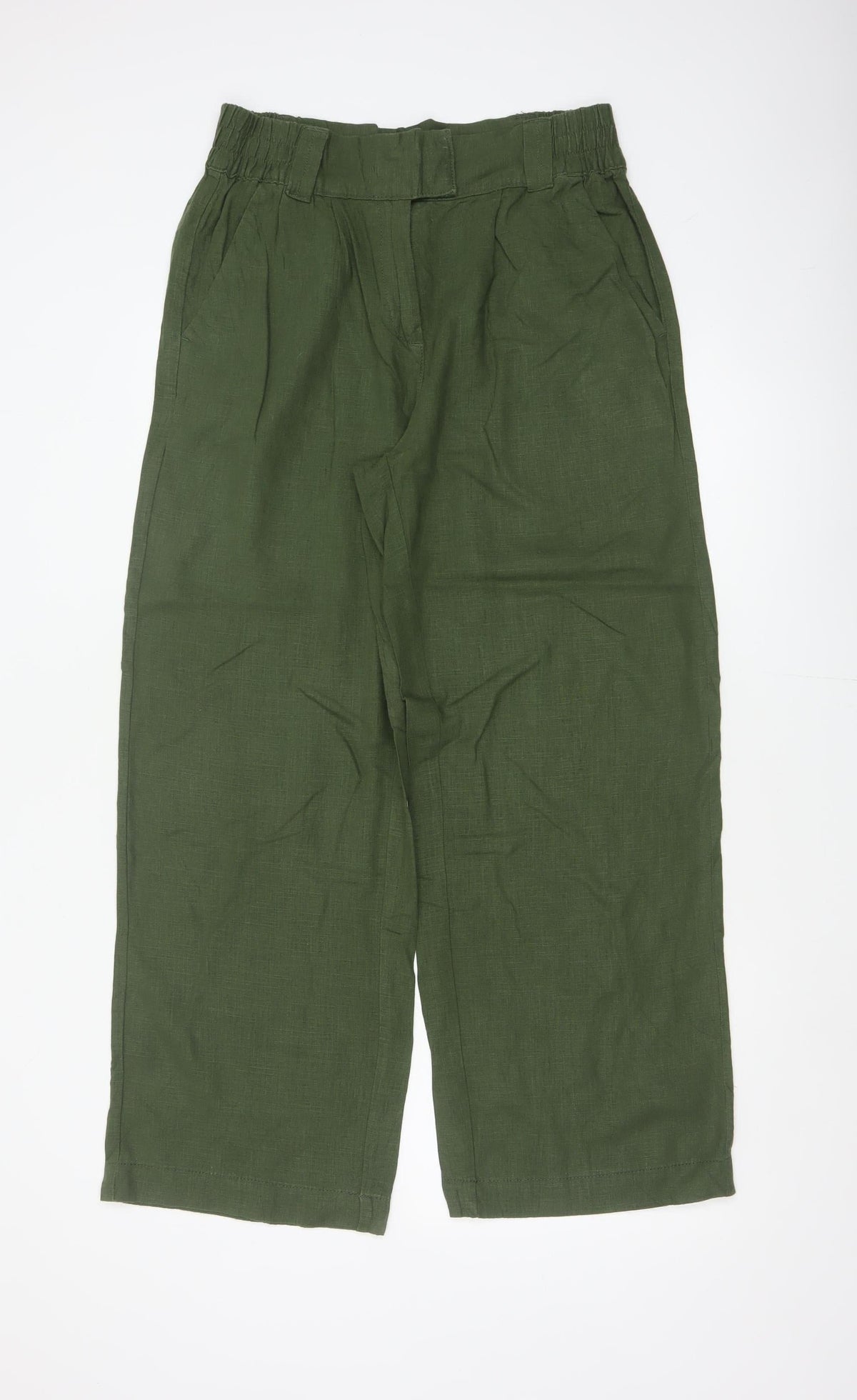Next Women Green UK 12R High Rise Cropped Linen Blend Trousers