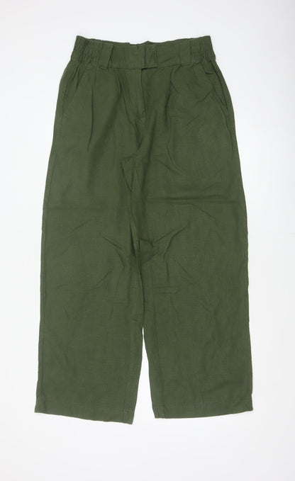 Next Women Green UK 12R High Rise Cropped Linen Blend Trousers