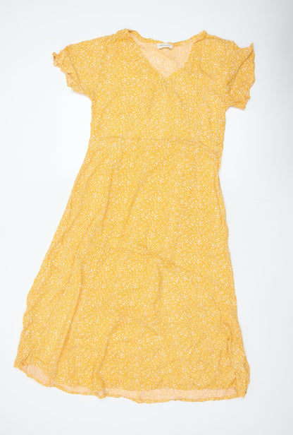 Indi & Cold Women Yellow M Long A-Line Floral V-Neck Viscose Dress