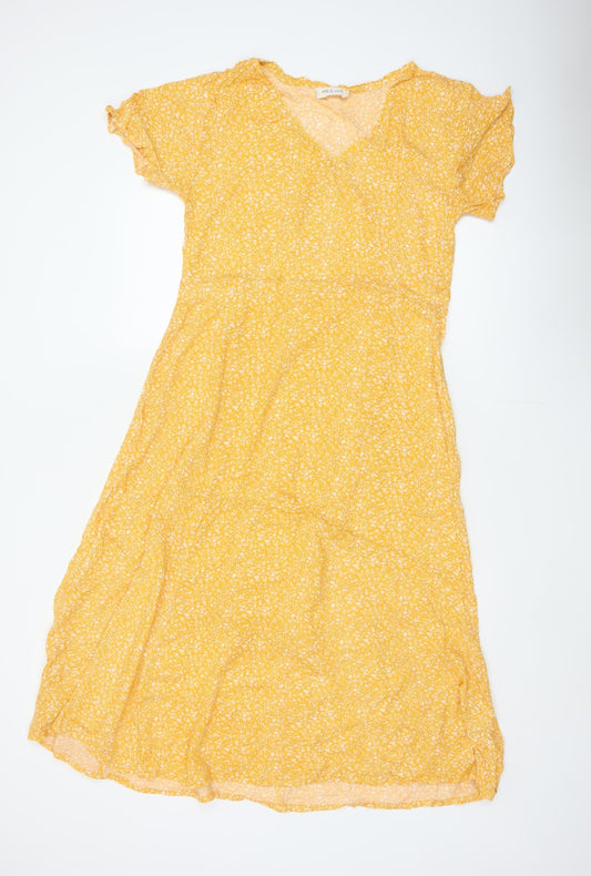 Indi & Cold Women Yellow M Long A-Line Floral V-Neck Viscose Dress