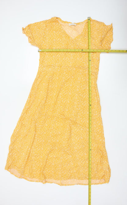 Indi & Cold Women Yellow M Long A-Line Floral V-Neck Viscose Dress