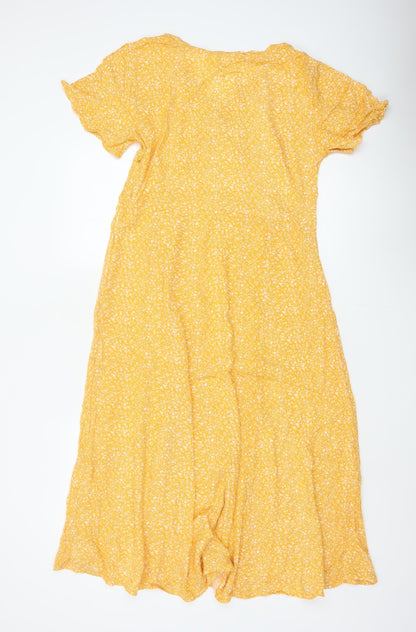 Indi & Cold Women Yellow M Long A-Line Floral V-Neck Viscose Dress