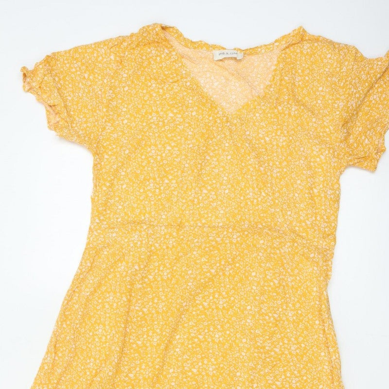 Indi & Cold Women Yellow M Long A-Line Floral V-Neck Viscose Dress