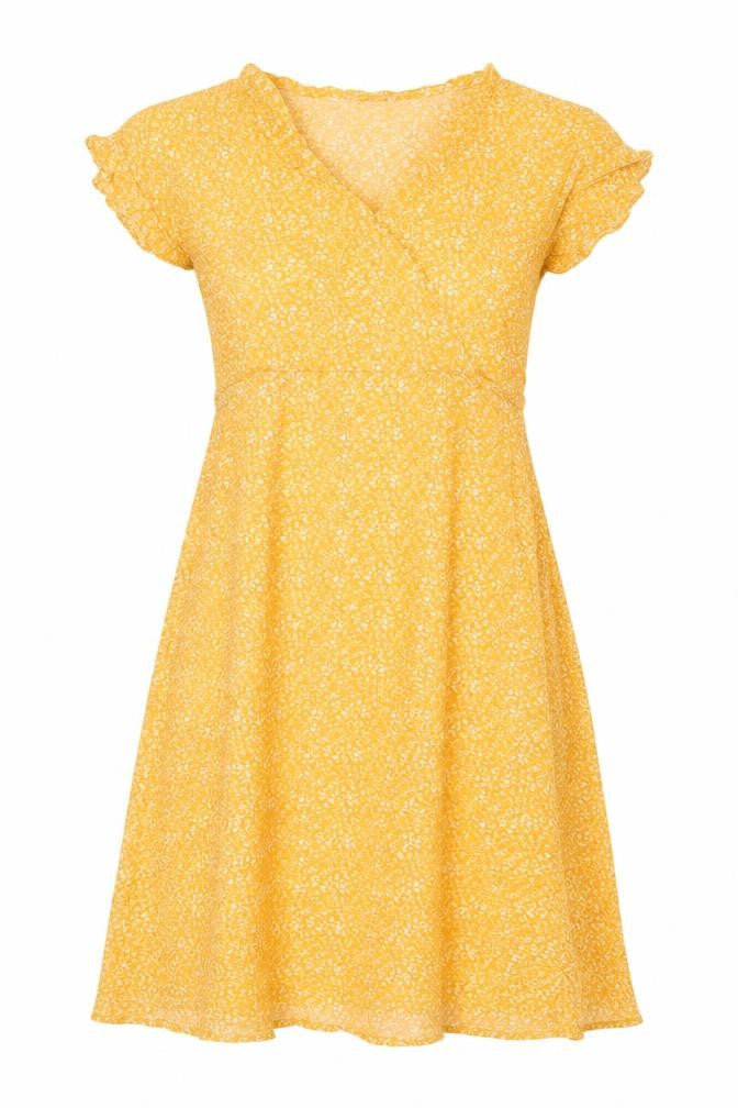 Indi & Cold Women Yellow M Long A-Line Floral V-Neck Viscose Dress