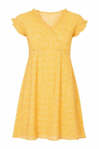 Indi & Cold Women Yellow M Long A-Line Floral V-Neck Viscose Dress