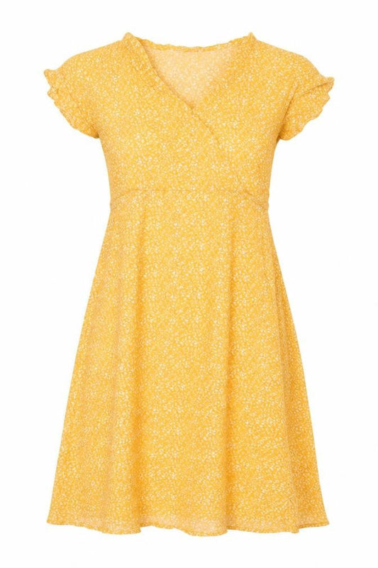 Indi & Cold Women Yellow M Long A-Line Floral V-Neck Viscose Dress