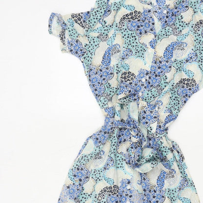 Marks and Spencer Women Blue Paisley Size 8 Midi Shirt Dress Belted