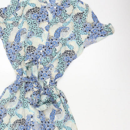 Marks and Spencer Women Blue Paisley Size 8 Midi Shirt Dress Belted