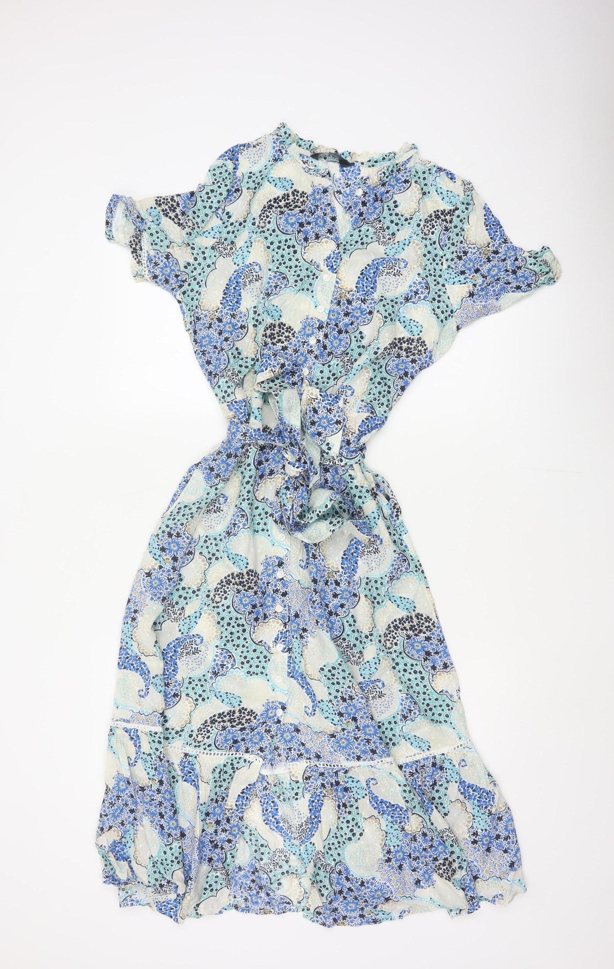 Marks and Spencer Women Blue Paisley Size 8 Midi Shirt Dress Belted