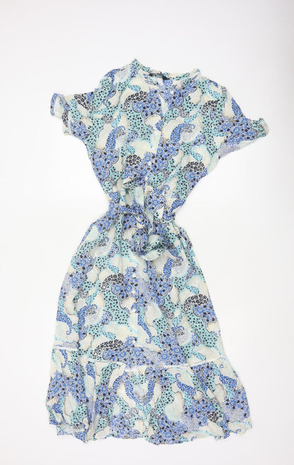 Marks and Spencer Women Blue Paisley Size 8 Midi Shirt Dress Belted