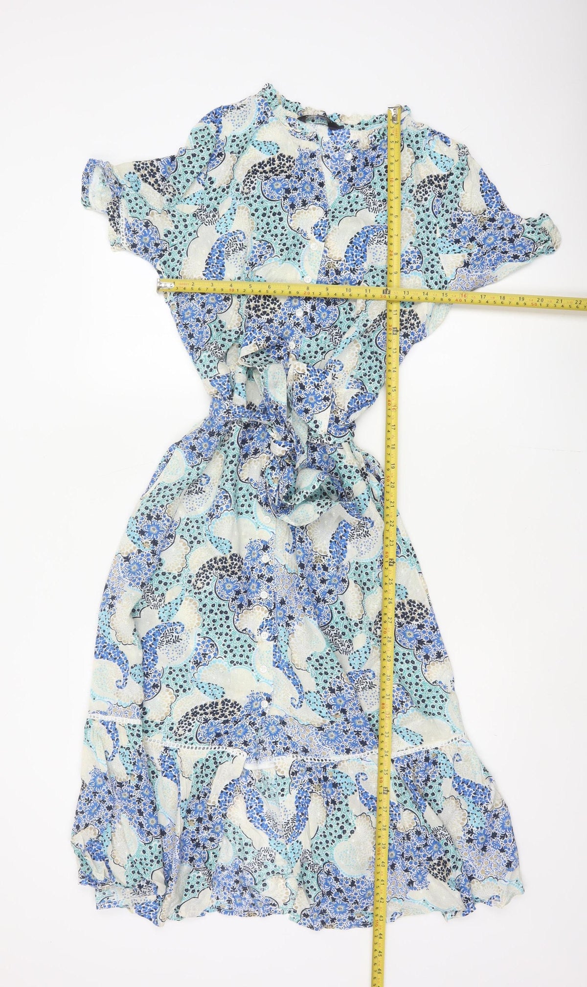 Marks and Spencer Women Blue Paisley Size 8 Midi Shirt Dress Belted