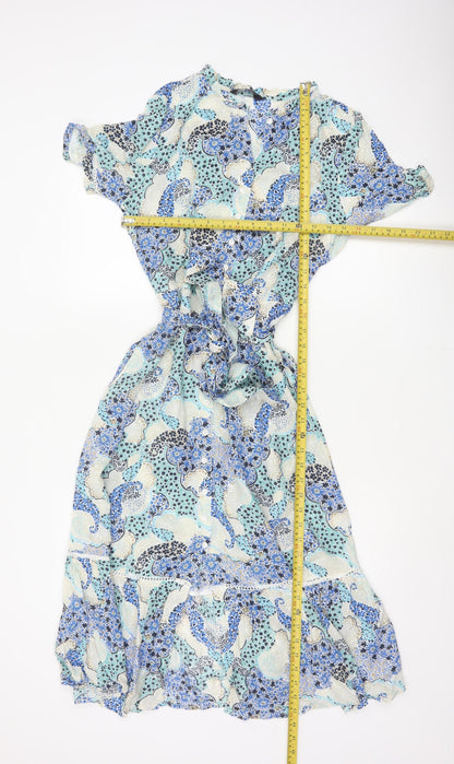 Marks and Spencer Women Blue Paisley Size 8 Midi Shirt Dress Belted