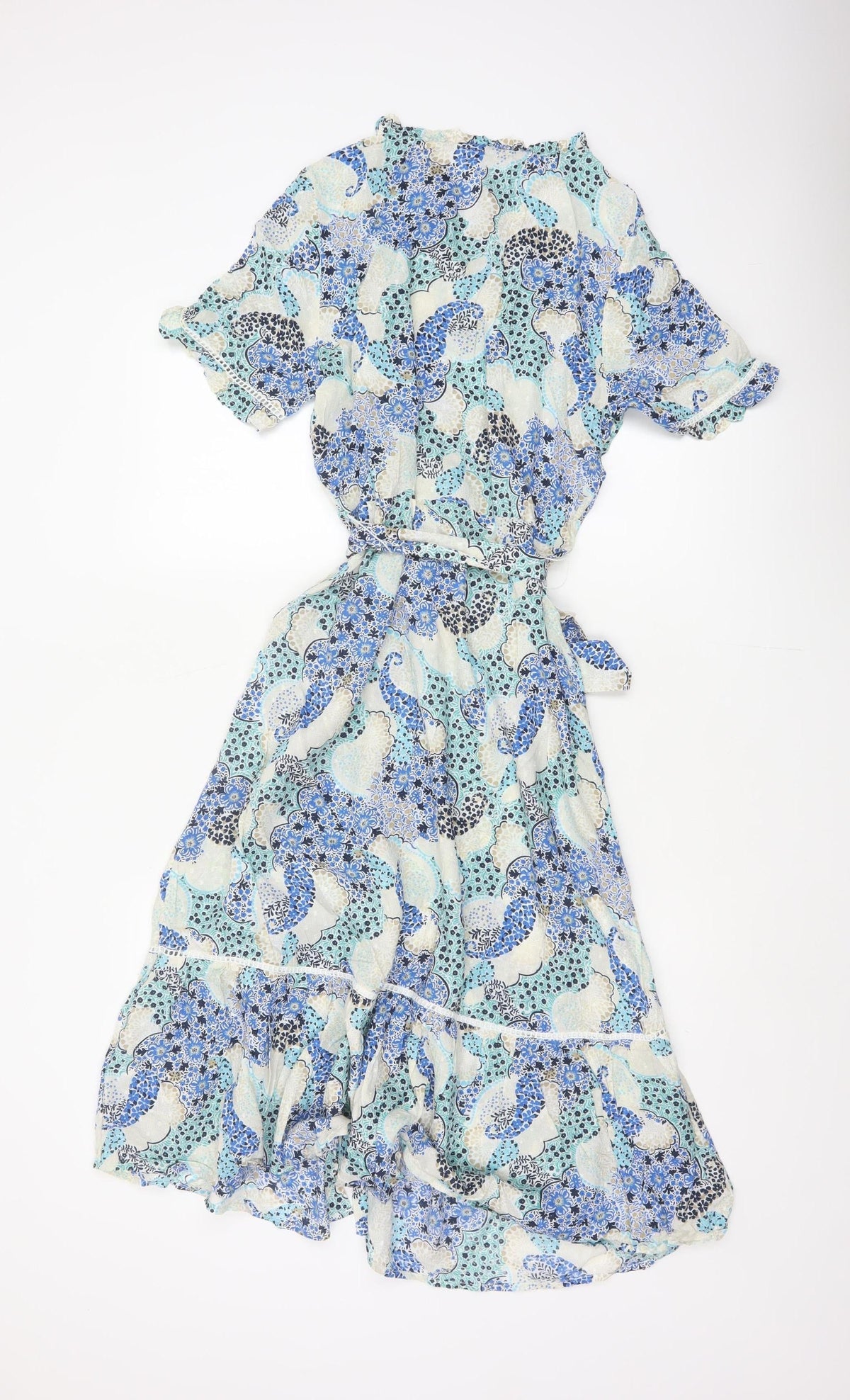Marks and Spencer Women Blue Paisley Size 8 Midi Shirt Dress Belted