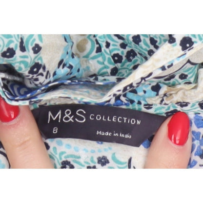 Marks and Spencer Women Blue Paisley Size 8 Midi Shirt Dress Belted
