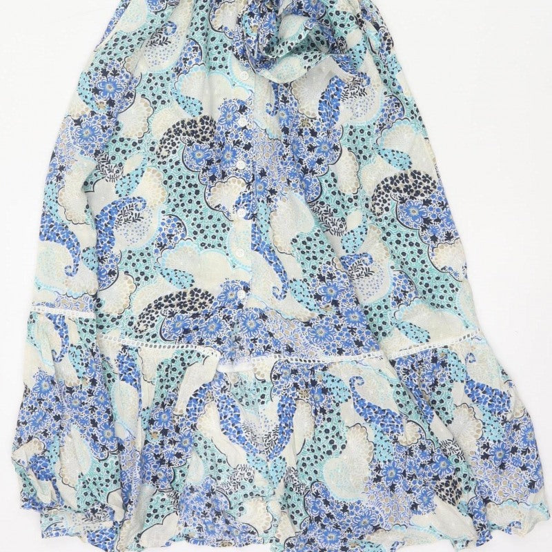 Marks and Spencer Women Blue Paisley Size 8 Midi Shirt Dress Belted