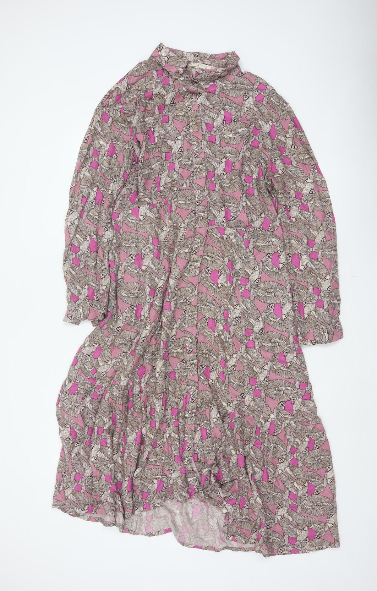 White Stuff Women Pink Bird Print Long Shirt Dress UK 14