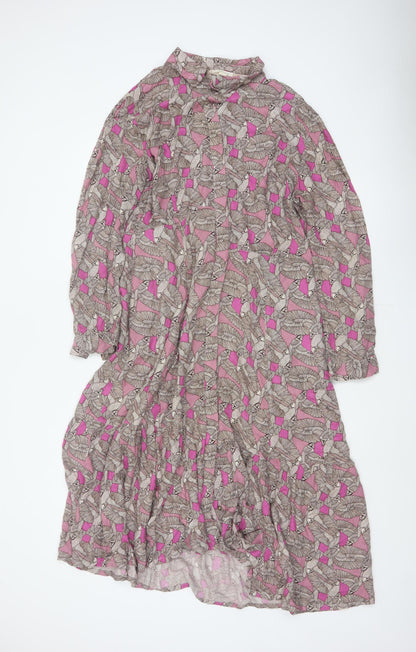 White Stuff Women Pink Bird Print Long Shirt Dress UK 14