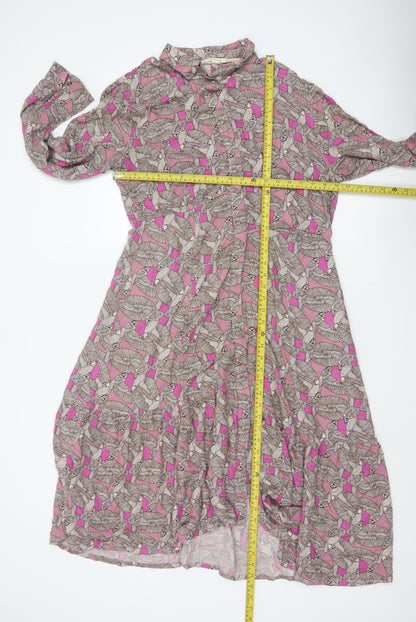 White Stuff Women Pink Bird Print Long Shirt Dress UK 14