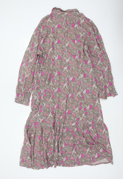 White Stuff Women Pink Bird Print Long Shirt Dress UK 14