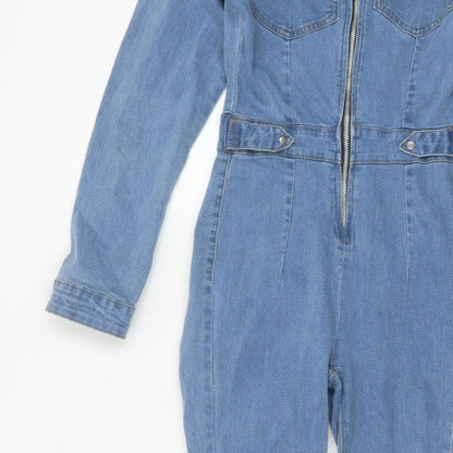 PrettyLittleThing Women Blue Denim Zip Jumpsuit UK 8 Long Sleeve