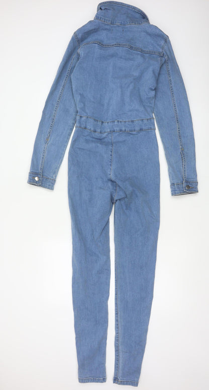 PrettyLittleThing Women Blue Denim Zip Jumpsuit UK 8 Long Sleeve