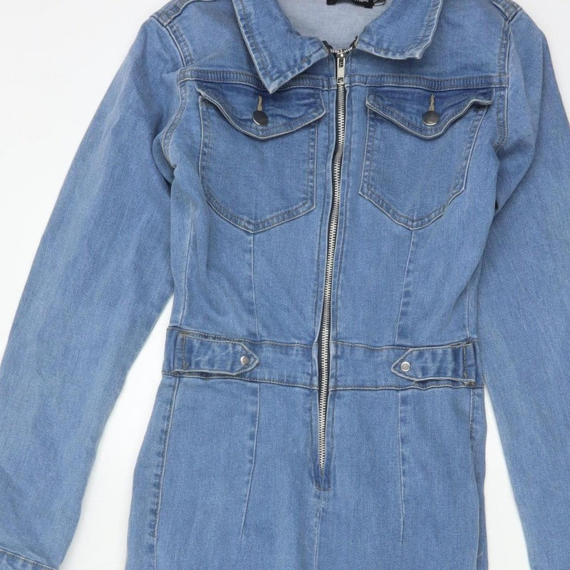 PrettyLittleThing Women Blue Denim Zip Jumpsuit UK 8 Long Sleeve